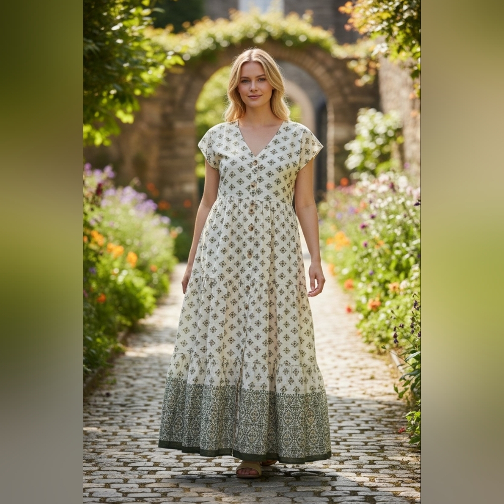 Blu Pepper Cream Printed V-Neck Midi Dress with Green Border